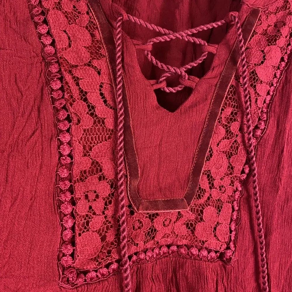 Artesia Boho Chic Peasant Blouse Red Lace trim lace up long sleeve shirt Medium - Picture 6 of 13